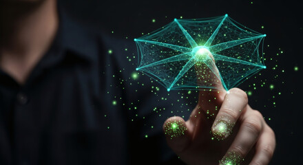 A person's finger interacts with a glowing, futuristic digital network interface, symbolizing technology and data.