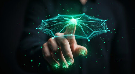 A human finger interacts with a glowing, futuristic digital network interface, symbolizing connection and data.