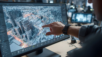 Software developer designing winter city using cad software on desktop computer in office