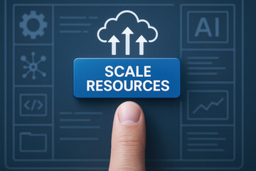 Scale resources button with finger pressing on digital interface for ai developer workspace and programmer productivity