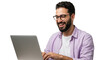© Sejjil - Smiling man with beard and glasses working on a laptop computer isolated on transparent background