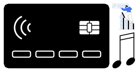 Contactless card with chip, man analyzing growth chart with magnifier, and musical notes. Ideal for payments, technology, analytics, innovation, digital economy, finance simple flat metaphor