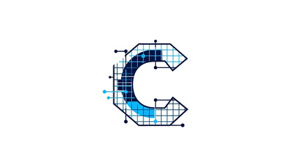 Futuristic letter C logo design showcasing a modern technological grid aesthetic