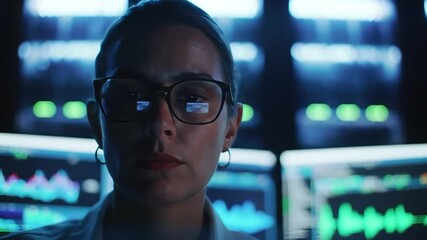 Female programmer coding software with a serious expression in a modern office environment focused on cybersecurity data analysis and digital technology.