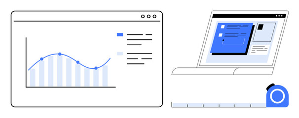 Graph trends and data analysis on screen paired with laptop displaying a design layout. Ideal for business strategy, project planning, UI design, productivity tools, analytics, creativity, teamwork
