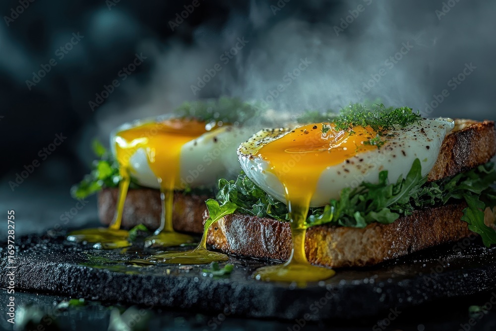Runny poached egg on toast with greens and seasoning, dark moody