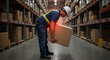 © Firyal Affina - Warehouse worker experiencing back pain from improper heavy box lifting. Workplace safety and ergonomic risk.