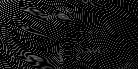 Wall Mural - Abstract black background with flowing white wavy lines creating a topographic map effect