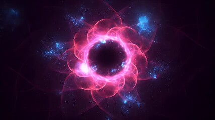 Wall Mural - Abstract glowing flower with a dark center, surrounded by petals and particles in shades of purple and blue against black