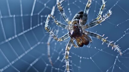 Dynamic Macro Close-up: Spider Moving on Intricate Dew-Kissed Web Against Dark Background