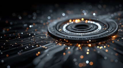 High-tech circular electronic element with glowing texture on circuit-board base, for tech promotion and innovative design