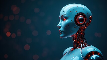 A light-blue, futuristic robot head, profile view, displays intricate inner workings highlighted by glowing red circuits.