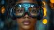 © Mrfuad - Woman wearing futuristic goggles and headphones, city lights reflected in lenses