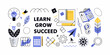 © MSTShikha - Learn grow succeed text with icons representing education business and personal development concepts