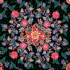 Wall Mural - Square seamless pattern with flowers, leaves, berries and paisley on a dark plant background. Ethnic motifs. Vector illustration.