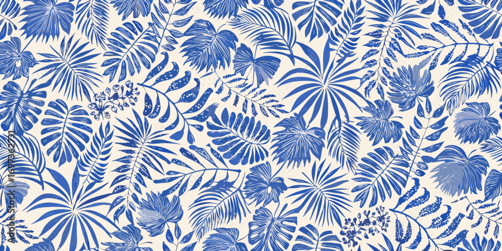Seamless pattern of blue tropical leaves and flowers on a cream ...