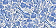 © Lalin - Seamless pattern of blue tropical leaves and flowers on a cream background