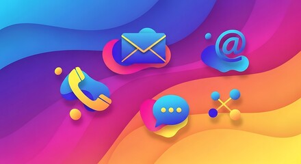 Colorful Communication Icons on Abstract Wavy Background with Gradient Colors