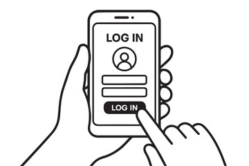 Simple black and white vector design of a smartphone featuring social media login form, username and password fields, emphasized using bold outlines.