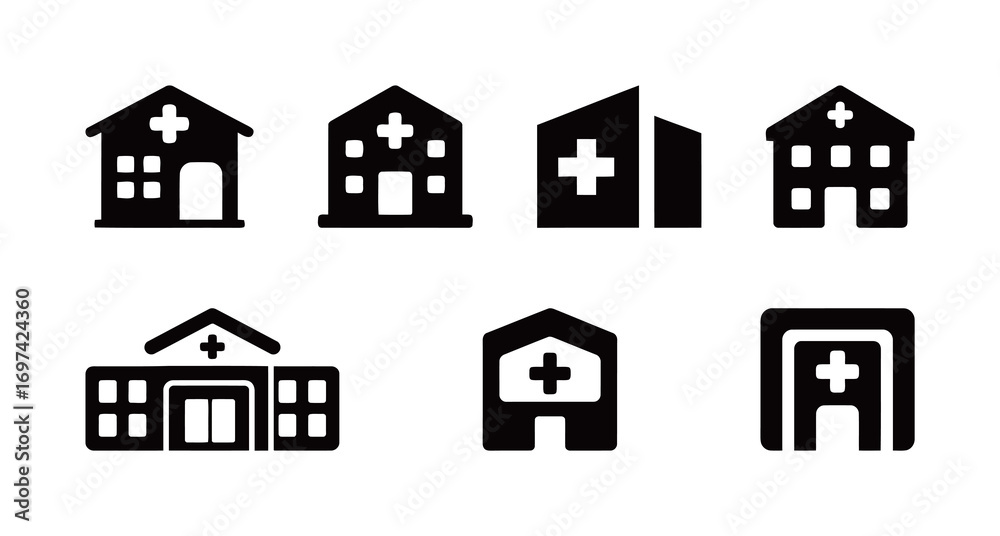 Set of Hospital Building Icons for Medical and Healthcare Facilities in ...