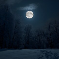 Wall Mural - A large, bright full moon illuminates a snow-covered winter scene.