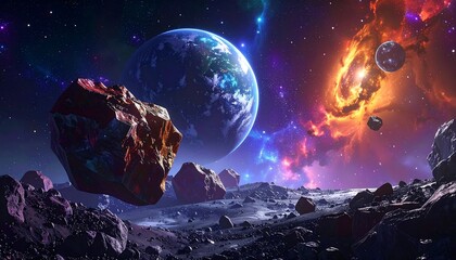 cosmic landscape with planets and asteroids