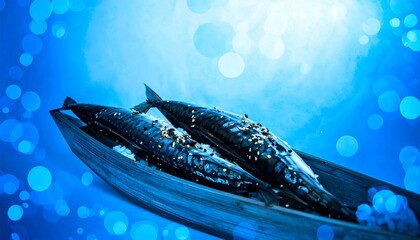 Grilled fish on a wooden tray, vibrant blue backdrop