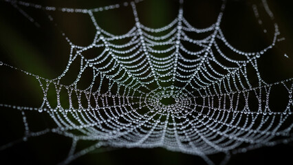 Close-up of a spiderweb covered in dewdrops, creating a glistening, intricate pattern against a dark, blurred background.