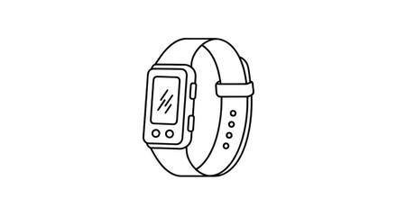 A simple black and white line drawing of a modern smartwatch with a digital display and a band, isolated on a plain transparent background