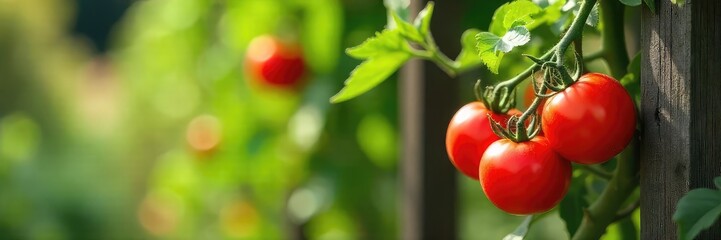 Wall Mural - A lush, healthy tomato vine laden with ripening red tomatoes and vibrant green leaves, climbing a rustic wooden trellis in a sunny garden , plant, food, outdoor