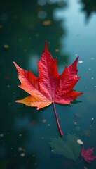 single red maple leaf adrift on clear water surface, design, image