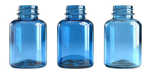 Three Empty Blue Glass Bottles on White Background for Design Use
