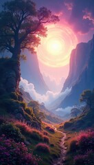 Wall Mural - A serene landscape bathed in ethereal light, evoking a sense of spiritual awakening and boundless imagination Perfect for meditation, fantasy, or new age themes , wisdom, forest, mystery