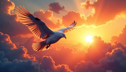 Wall Mural - A majestic bird in flight, wings outstretched, soaring through a vibrant sunset sky, embodying freedom and love , bird, graceful, flying
