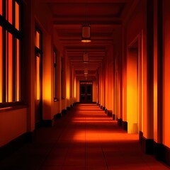 Canvas Print - Long, dimly lit corridor with warm orange glow highlighting walls and shadows, evoking mystery and intrigue