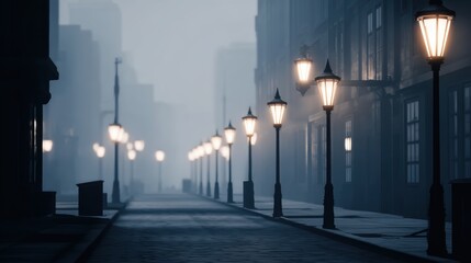Canvas Print - Mysterious foggy street illuminated by vintage lanterns, creating an eerie yet enchanting atmosphere