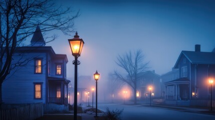 Canvas Print - Serene foggy street at dusk with glowing lamps illuminating quaint houses in a quiet neighborhood