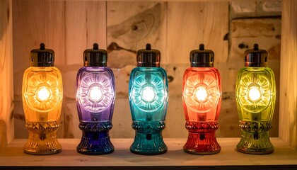 Colorful candle lamps in a row