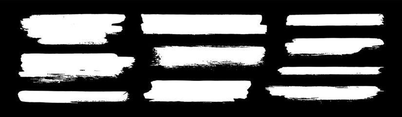 Wall Mural - White grunge brush strokes. Vector chalk grunge hand drawn banners isolated on chalkboard bg. Paint roller, urban ink splash brushstrokes. Grungy paint elements. Long straight distressed brushstrokes
