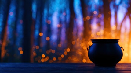 Canvas Print - A mysterious black cauldron sits on a wooden surface, surrounded by an enchanting forest backdrop at dusk