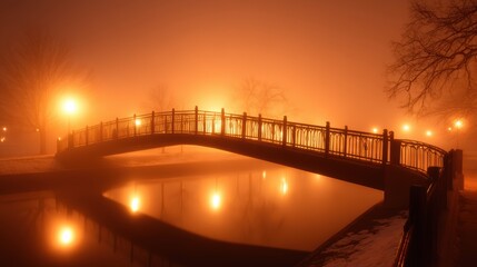 Canvas Print - Foggy evening scene featuring a softly illuminated bridge over a still river, with glowing streetlights