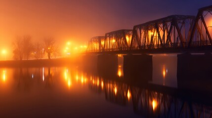 Canvas Print - A serene night scene of a foggy river with a glowing bridge reflecting on the water, creating a tranquil atmosphere