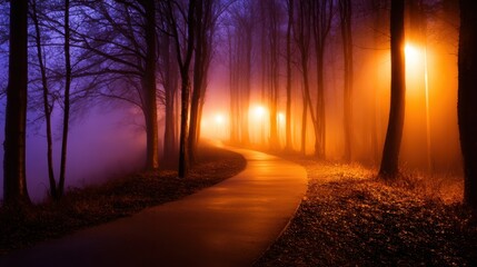 Canvas Print - Serene foggy path illuminated by street lamps in a tranquil forest during twilight, evoking calmness