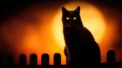 Canvas Print - Mysterious black cat silhouetted against a glowing sunset, perched on a wooden fence in a serene evening