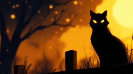 Wall Mural - Mysterious black cat with glowing eyes sits on a fence at dusk, surrounded by an enchanting twilight scene
