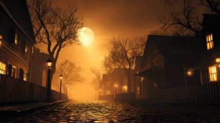 Canvas Print - Eerie night scene with a full moon illuminating a foggy street lined by old houses and barren trees