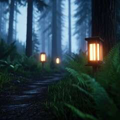 Wall Mural - Serene forest pathway illuminated by glowing lanterns, surrounded by lush ferns and misty atmosphere