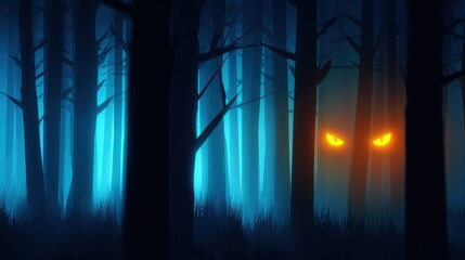 Wall Mural - Mysterious forest at night with glowing eyes peering through the trees and eerie blue light illuminating the scene
