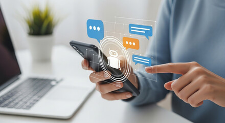 Woman uses smartphone with AI chatbot interface, modern communication and automation technology