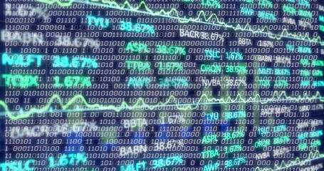 Wall Mural - Animating data dashboard on screen, with binary code, chart lines, ticker symbols and percentages